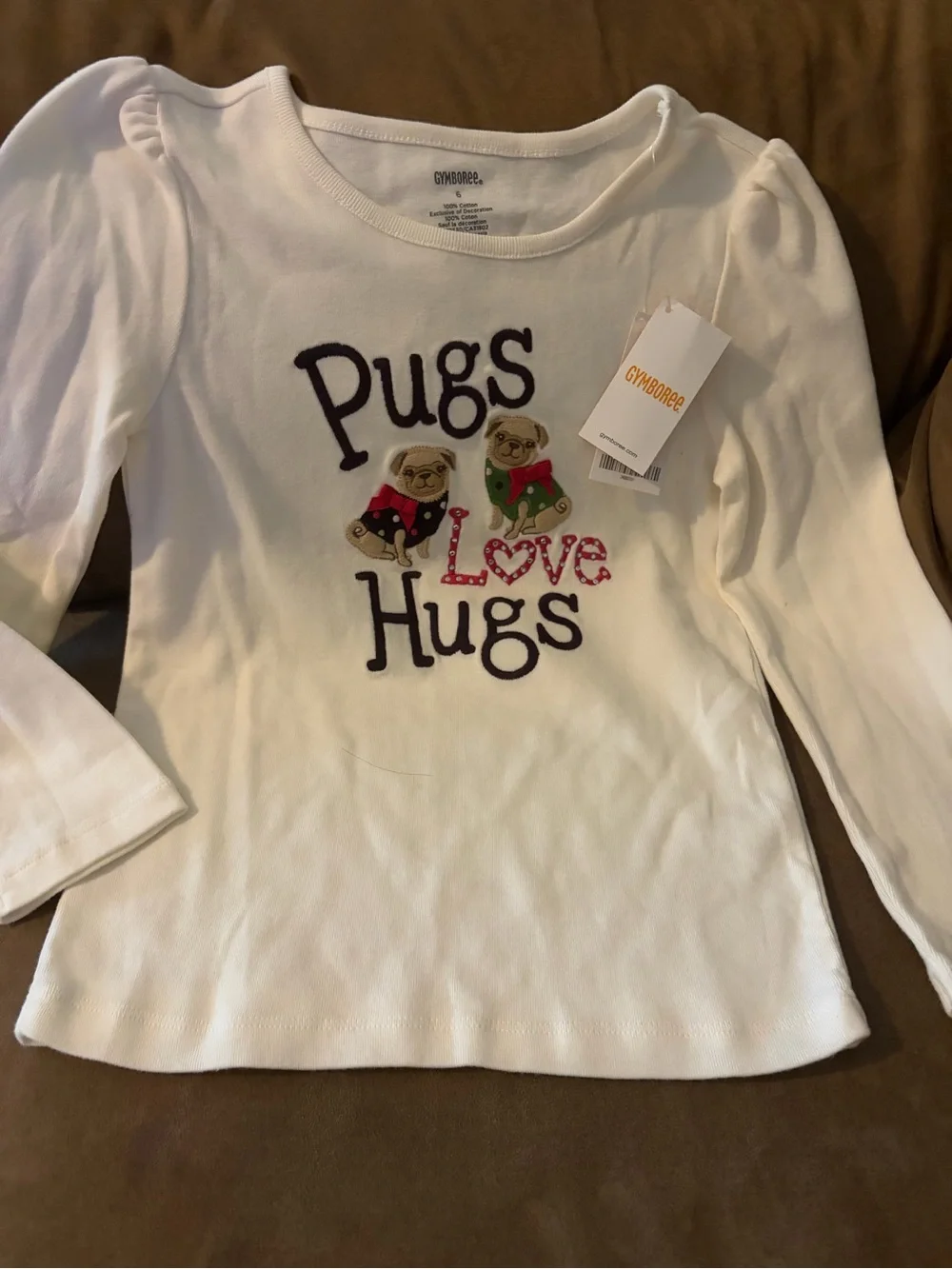 NWOT Gymboree White Long-Sleeve 'Pugs Love Hugs' Tee with Embroidered Pugs